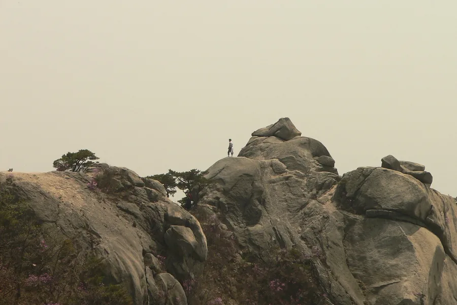 봄 — 진달래 핀 봄 암릉. 바위 위 등산객이 점처럼 서 있다. ⓒWikimed